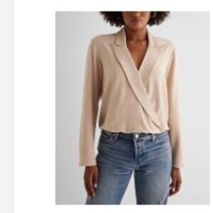 Express Collared V-Neck Long Sleeve Faux Wrap Front Top NWT